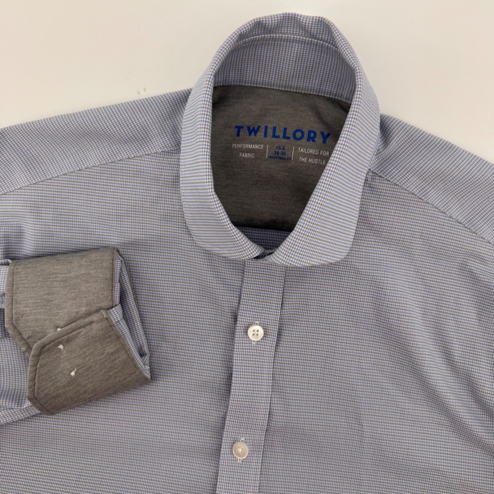 Twillory Performance Dress Shirt Mens 15.5 34/35 Blue Micro-Check Stretch 8936